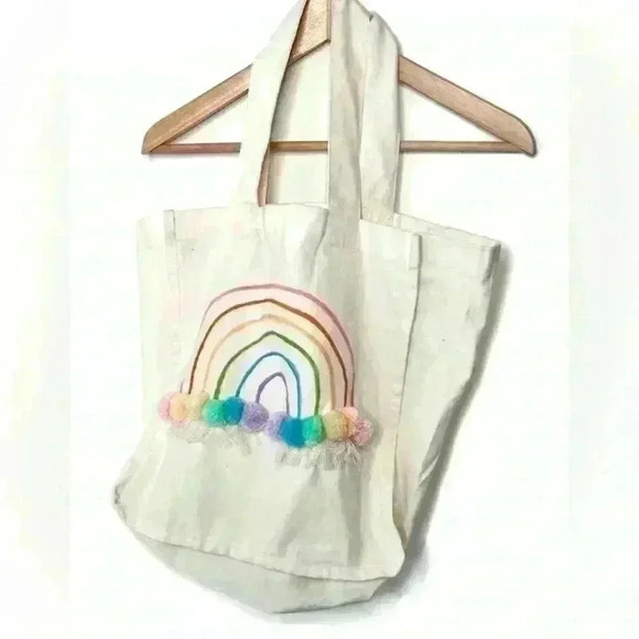 Handmade Rainbow Illustration Canvas Shoulder Bag Oversized  Tote Boho Travel - Picture 1 of 11